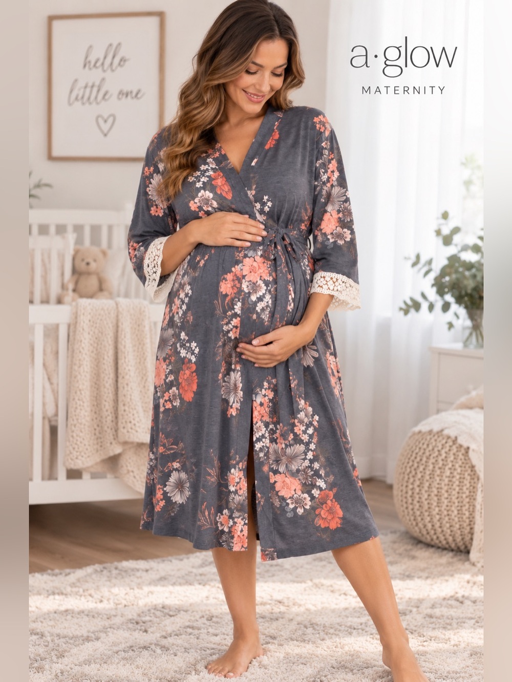 a:glow Maternity Size Medium Floral Lace Trim Belted Robe